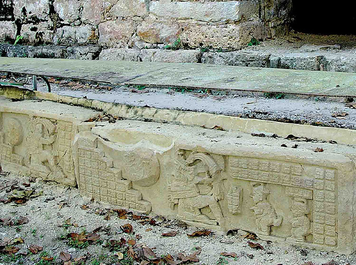 Ball court panel with dwarfs behind King Bird Jaguar - Yaxchilan - Maya Expeditions