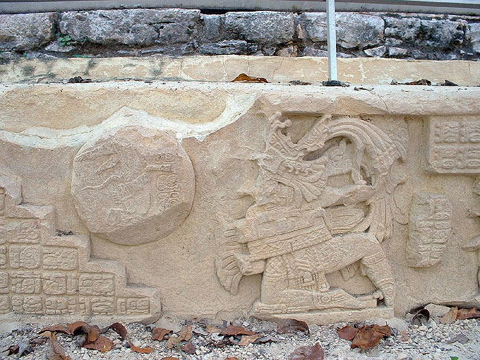 Temple 33 Ball Court Panel King Bird Jaguar with Captive rolling down stairs in form of a ball  - yaxchilan - Maya Expeditions