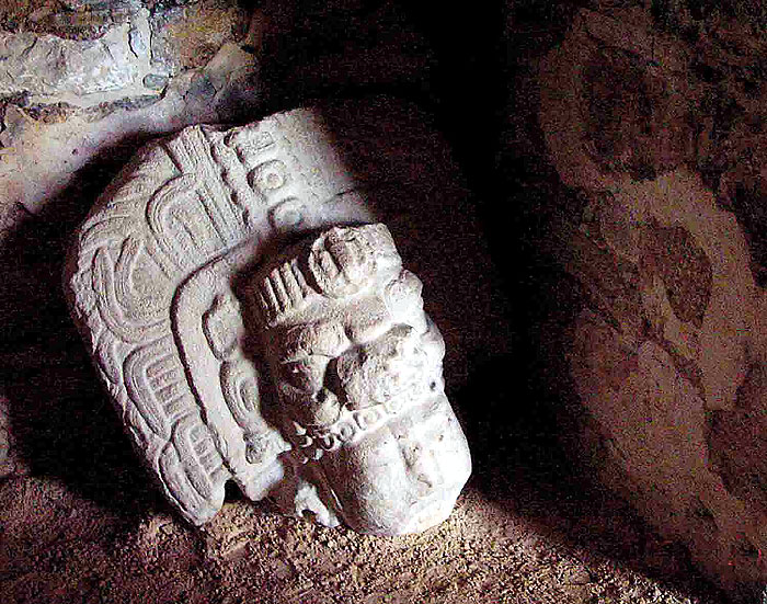 Bird Jaguar Head  inside of Temple 33- Maya Expeditions