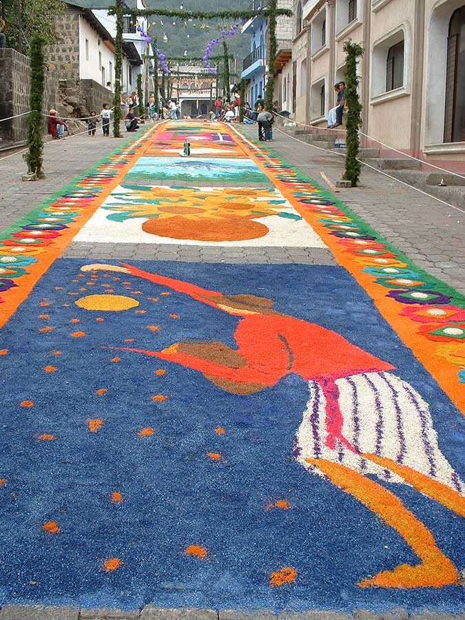 Santiago Atitlan dyed sawdust and flower carpet for Easter - Semana Santa - Ceremonies Maya Expeditions
